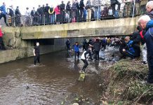 The ball going into the river during Shrovetide 2019. Photo: Oscar Edwards