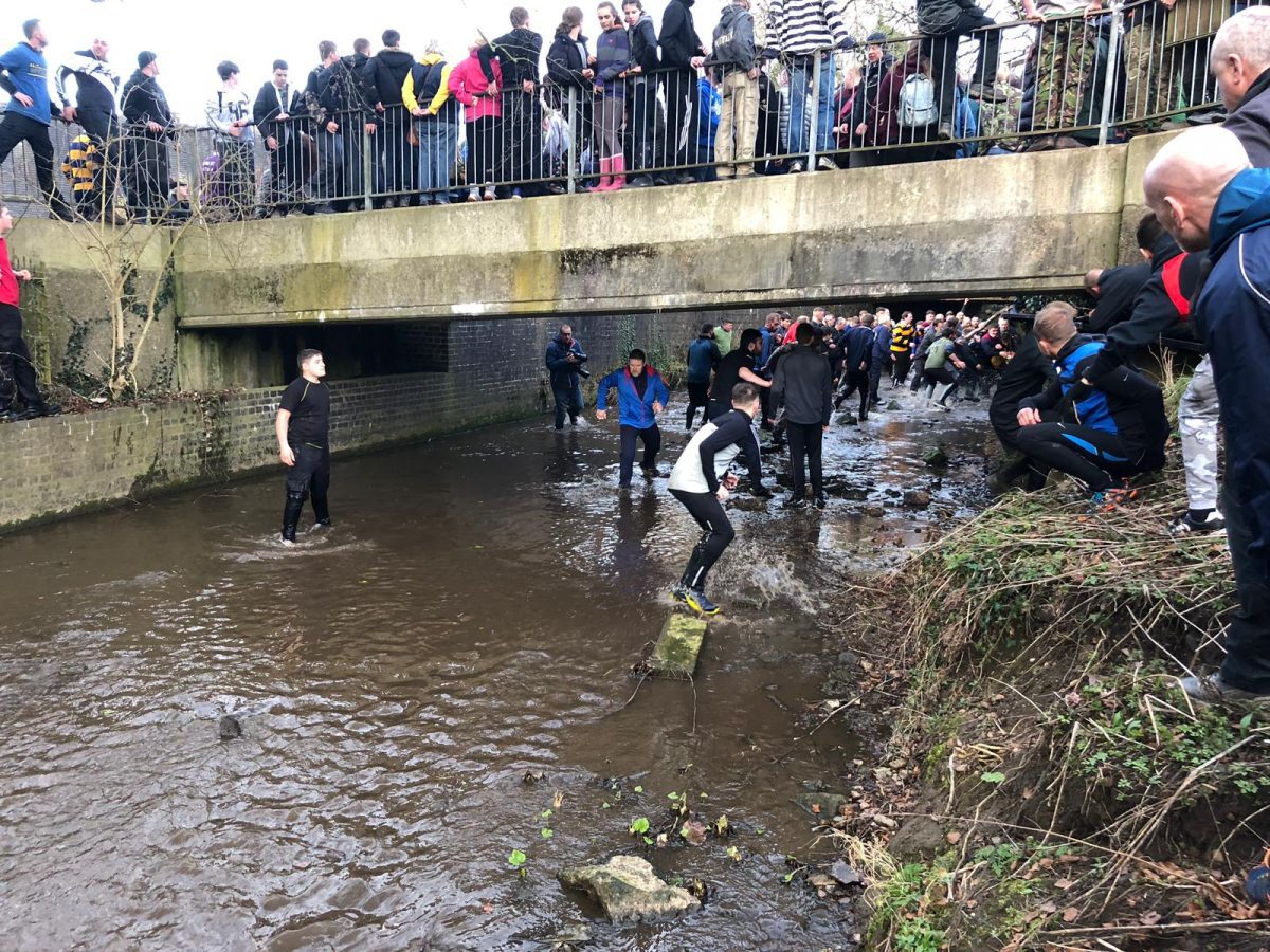 The ball going into the river during Shrovetide 2019. Photo: Oscar Edwards