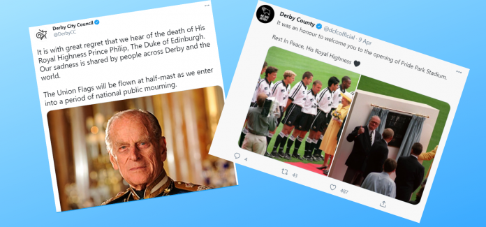 Social media posts from Derby about Prince Philip