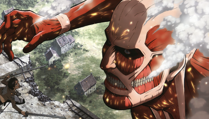 Eren faces off against the Colossal Titan