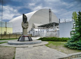 Memorial statue outside the Chernobyl dome