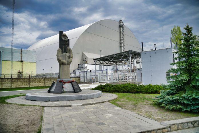 Memorial statue outside the Chernobyl dome