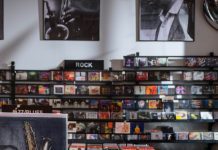 Record store displaying various albums