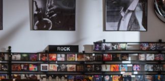 Record store displaying various albums