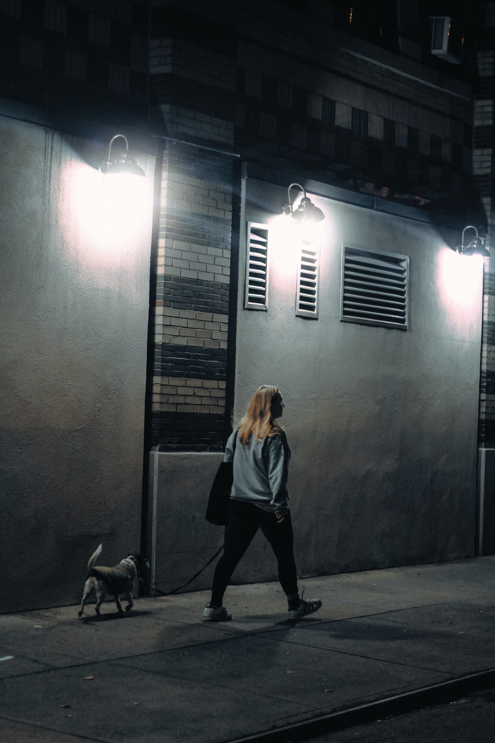 Woman walking dog in darkness.