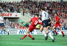 This is an image of Ian Rush putting Liverpool two goals ahead in the 1992 FA Cup final.
