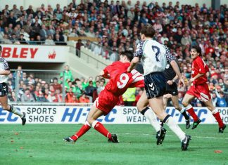 This is an image of Ian Rush putting Liverpool two goals ahead in the 1992 FA Cup final.