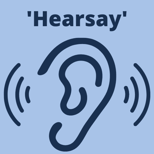 This is an infographic that depicts the term 'hearsay' by showing an ear icon.