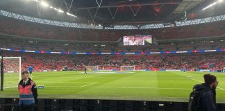This image shows Wembley Stadium on the evening of an England game.