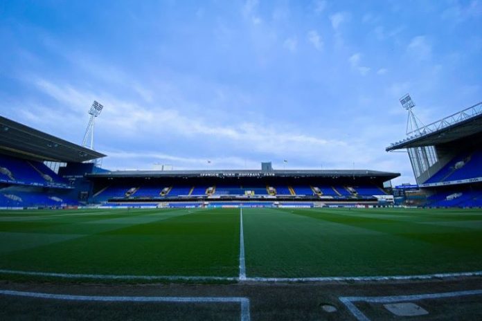 Low angle of the pitch and stands at Portman Road