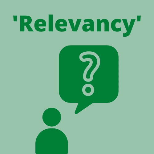 This is an infographic that depicts the term 'relevancy' through showing a man with a question mark above his head.