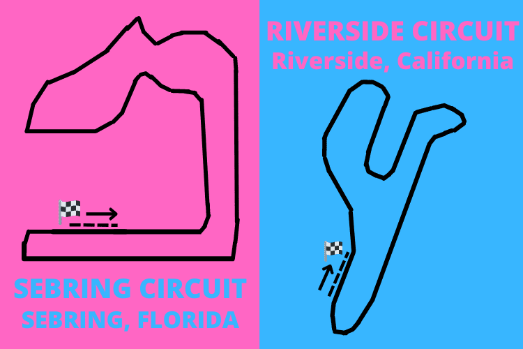 The track layouts which were used for the races at Sebring Circuit and Riverside Circuit