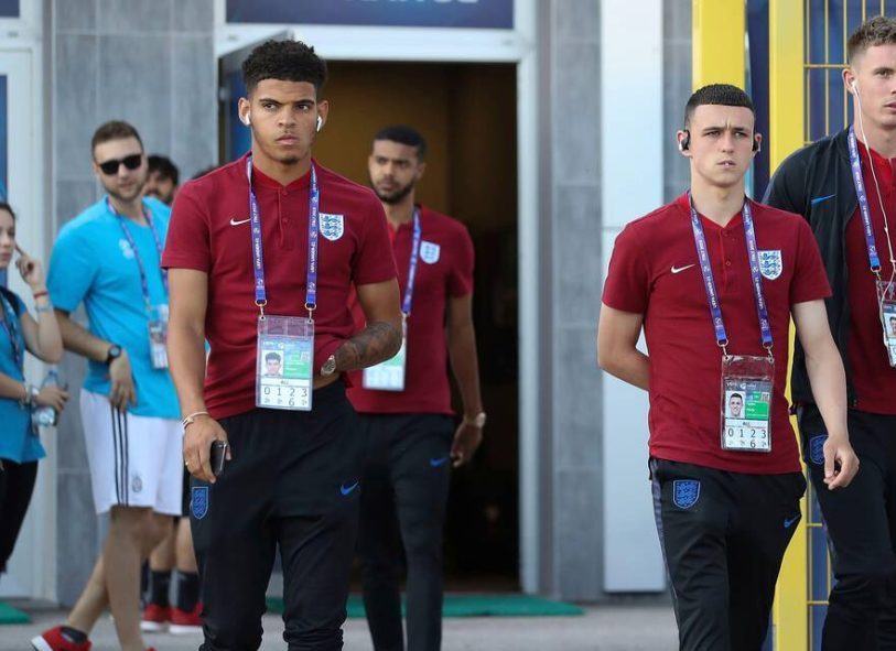 Morgan Gibbs-White and Phil Foden walking together whilst playing for England U21s, 2019.