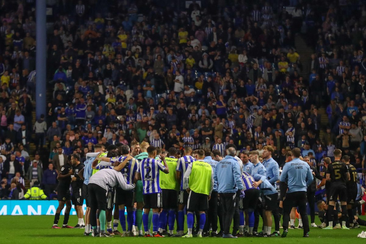 An image of Sheffield Wednesday players during the Sky Bet League One play-off match between Sheffield Wednesday and Peterborough. 