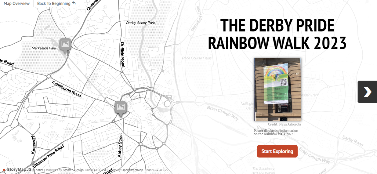 Screenshot of the first page on the story map detailing the route for the Rainbow Walk 2023.
