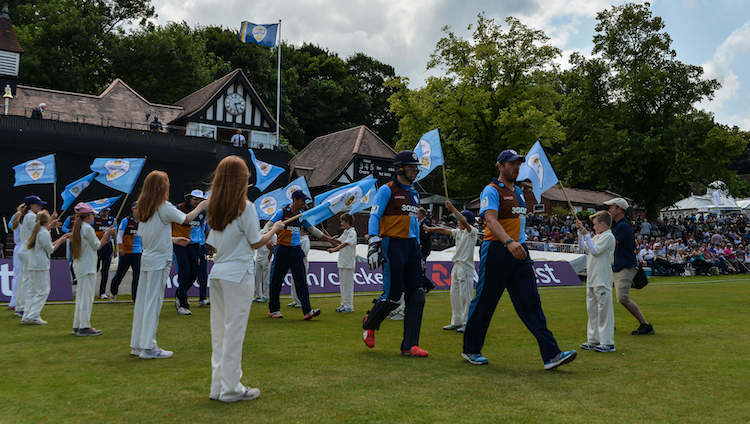 The Derbyshire team take to the field in Chesterfield