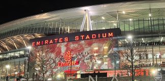 Pictured is the Emirates Stadium at night