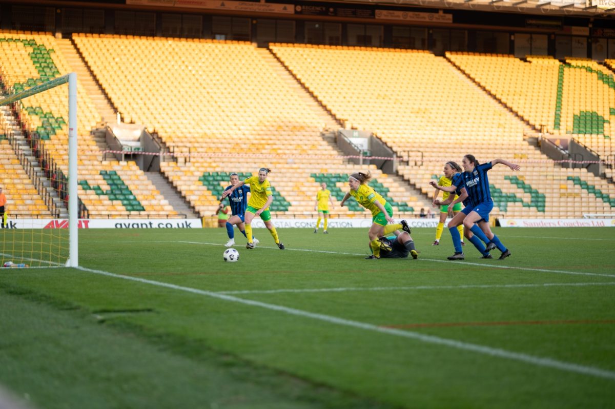 Ceri Flye shoots while playing for Norwich City Women against Mulbarton Wanderers in the Norfolk County Cup final.