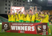 Norwich City Women lift the Norfolk County Cup.