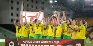 Norwich City Women lift the Norfolk County Cup.