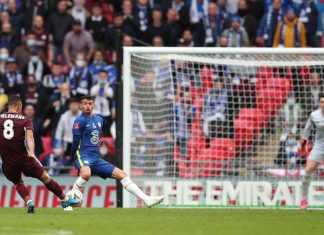 Pictured is Youri Tielemans scoring the winning goal for Leicester during the 2021 FA Cup final.