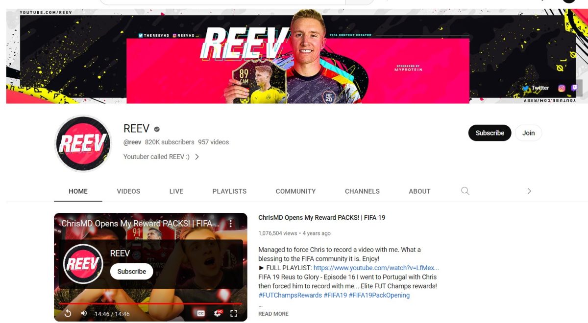 A picture of YouTuber Reev's channel page