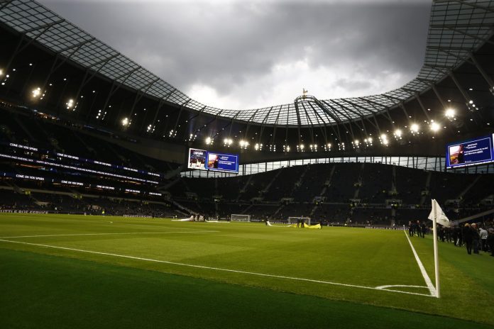 Pictured is the Tottenham Hotspur stadium at night