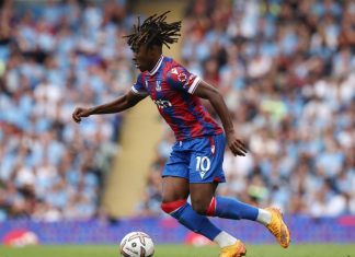 Eberechi Eze of Crystal Palace during the Premier League match versus Manchester City.