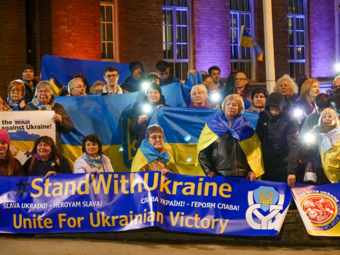 The photo taken during the peaceful protest organised by Ukrainians living in Derby marking the 3rd year anniversary. at Exeter Bridge.