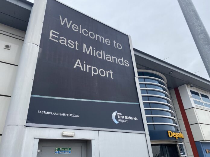 A view of East Midlands Airport's Departure entrance