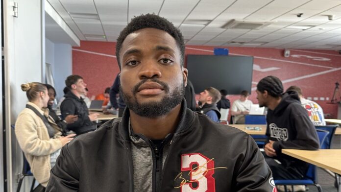 This image shows Derby Men's first midfielder Somuadina Ndu who participated in an interview with football journalism students on the 18th March 205.
