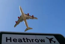 Heathrow Airport says it’s now “safely able to restart flights” image of a plane leaving Heathrow Airport UK