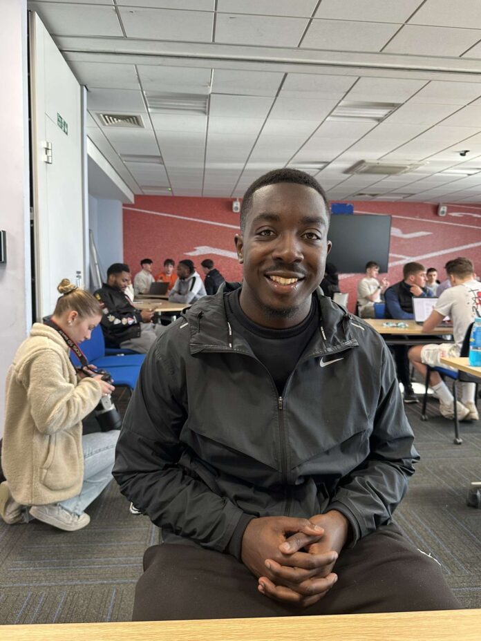 This image shows a Derby Mens Firsts footballer after being interviewed by football journalism students at the University of Derby at the Kedelston Road Sports Centre.