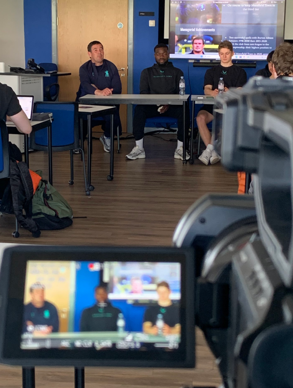 This image shows Nigel Clough, Deji Oshilaja and Matthew Craig answering questions in an interview with University of Derby first year Football Journalism students at the Kedleston Road sports centre.