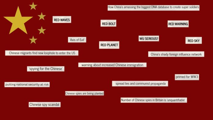 Chinese flag: five gold stars on a deep red background. Newspaper headline excerpts appear on the red part of the flag.