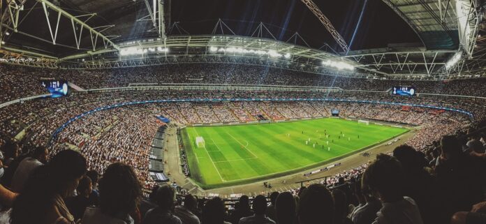 This is a photo of a football pitch, taken from within the crowd.