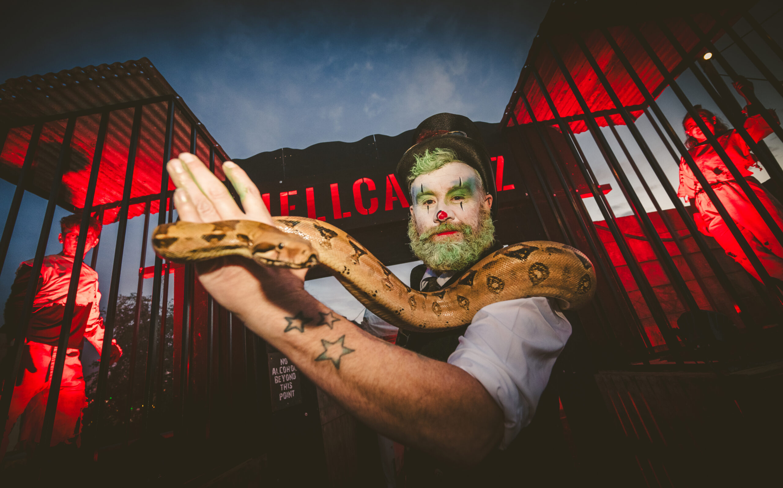 Pictured is a Screamfest character outside the Hellcatraz attraction.