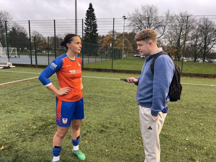 Our journalist Matt Quigg (right) interviewing goalscorer Emily Brett (left) after Derby women's firsts 3-1 victory over Oxford women's firsts in the Women's National Trophy.