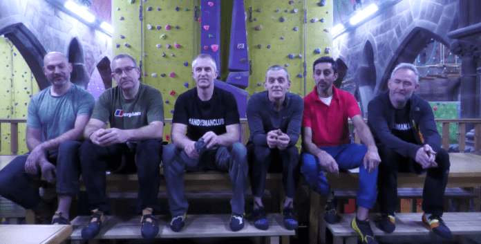 The Monday Ascent club sit together overlooking Alter Rock climbing centre in Derby.