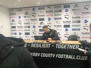 John Eustace getting ready for his press conference after Derby's 2-1 win over Sheffield Wednesday